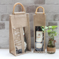 Promotion Custom Durable Recycle Single Bottle Jute Holder See-through PVC Window Burlap Wine Bags with Bamboo Handle